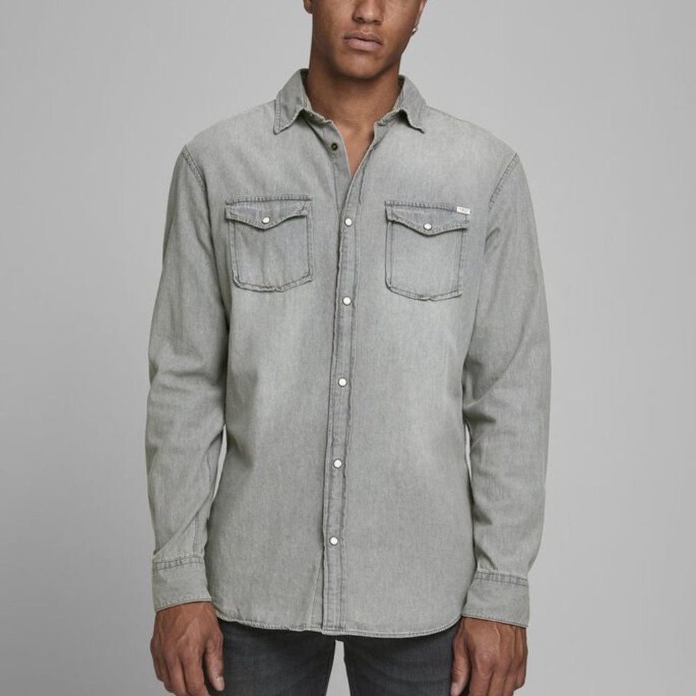Jack & Jones Grey Chambray Button Down Shirt - Picture 1 of 5